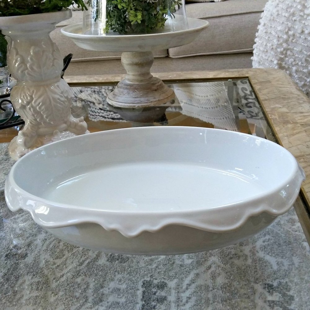 WHITE Farmhouse COTTAGE Oval SERVING Dish